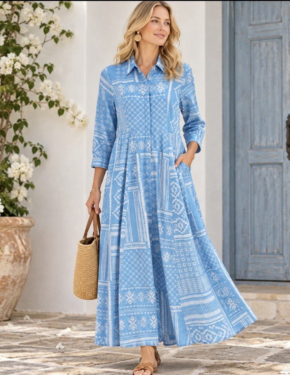 Julia Amory JA Shirtdress M Blue White Batik Patchwork Cotton Maxi Dress